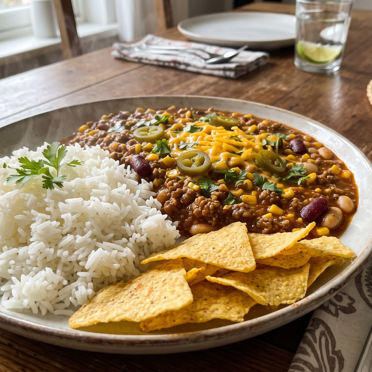 Tálaláshoz szedd ki a rizst, mellé a chilis babot reszelj rá sajtot ízlés szerint és Jalapenot dobálj rá. – Chili con carne recept
